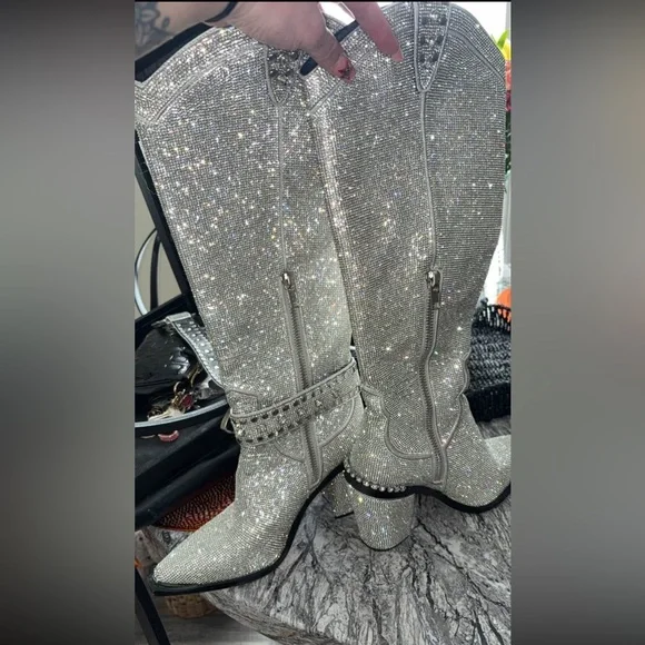 Dolls Kill Silver Rhinestone Boots - Picture 2 of 6
